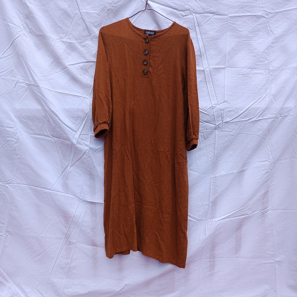 Brand New Women's Cognac Brown Modest Linen Fall/Summer Dress Japparel